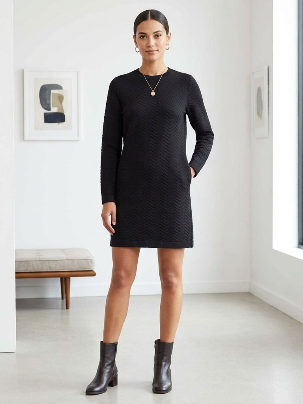 Theory Black Chevron Print Wool Sweater Dress, P